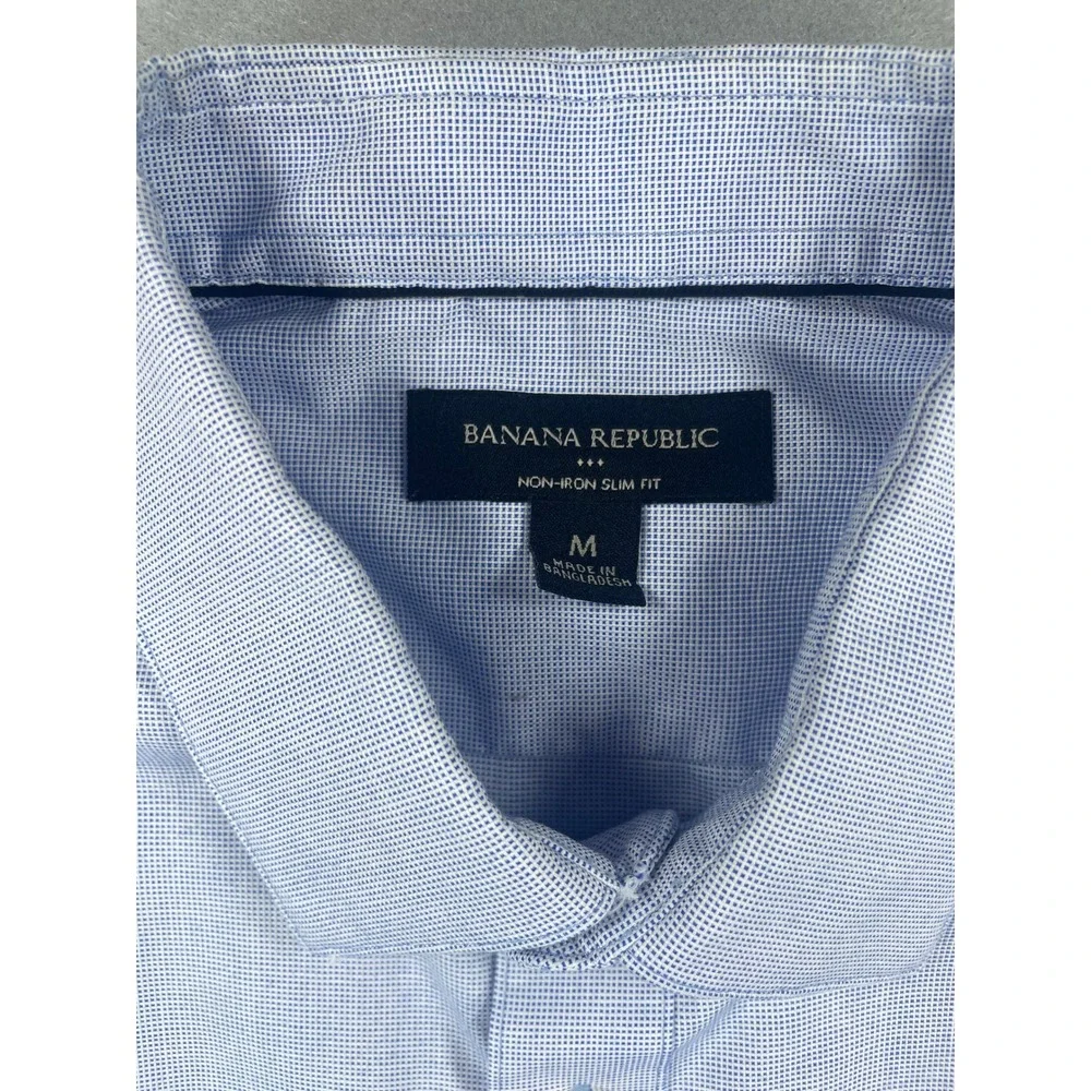 Banana Republic Dress Shirt Mens Non-Iron Slim Fit Blue Dusk Micro Check Medium